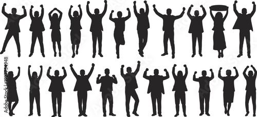 Large collection of black silhouettes featuring business men and women standing and cheering with raised arms celebrating corporate success and achievement isolated on white background