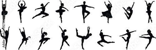 Large collection of black silhouettes featuring male and female ballet dancers performing elegant jumps leaps and graceful artistic poses isolated on white background for arts