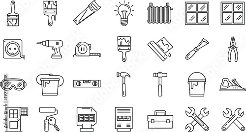 Home Repair and Construction Tools Outline Icon Set with Paint Brush, Drill, Hammer, Wrench, Level, Helmet, Toolbox, and Electric Equipment