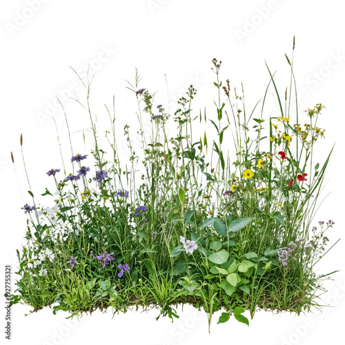 Fotografie Isolated patch of wildflowers and grass on transparent background, suitable for