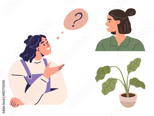 Communication, interpersonal relationships, curiosity, conversation skills, social interactions, understanding. Two women with a thought bubble and a plant. s communication and interpersonal