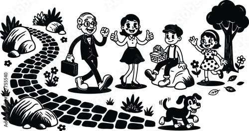 Retro cartoon vector family walking along cobblestone path with picnic basket boy sitting rock girl waving elderly man holding briefcase