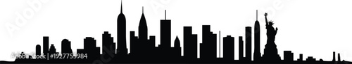 Detailed black silhouette of the New York City skyline featuring the Statue of Liberty and iconic skyscrapers isolated on white background for travel and tourism