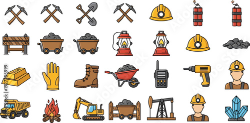 Mining Tools and Equipment Vector Set with Pickaxe, Helmet, Coal Cart, Lantern, Excavator, Dynamite, Gold Bars, and Industry Icons