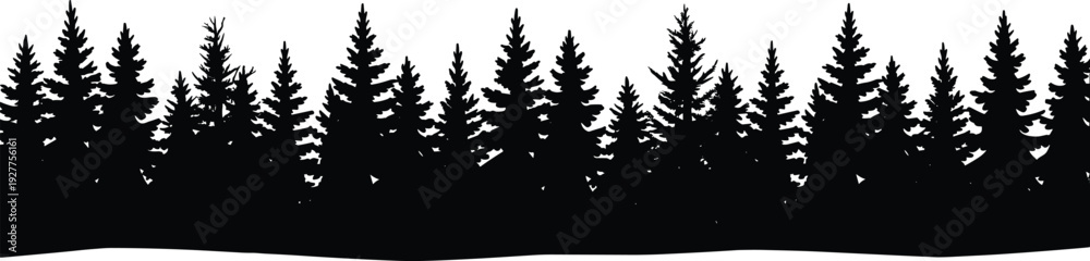 Obraz premium Dense Pine Forest Silhouette Landscape with Evergreen Tree Line and Woodland Horizon Vector Illustration Minimalist Nature Background Banner Scenic Wilderness Skyline Design