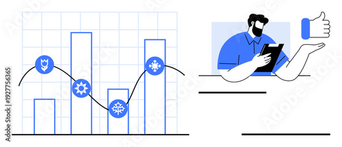 Business analytics, data trends, performance tracking, financial insights, teamwork, decision-making. Bar graphs with icons and a professional holding a tablet. Business analytics and data trends