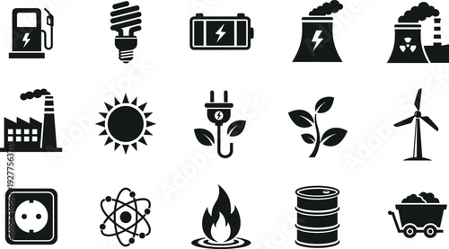 Energy and Power Icon Set with Solar Panel, Wind Turbine, Battery, Nuclear Plant, Oil Barrel, Electric Plug, and Renewable Resources Symbols
