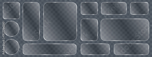 Liquid glass button interface, light frame banner set, glowing light PNG tech glass set, futuristic board panels mobile, web frame vector.
