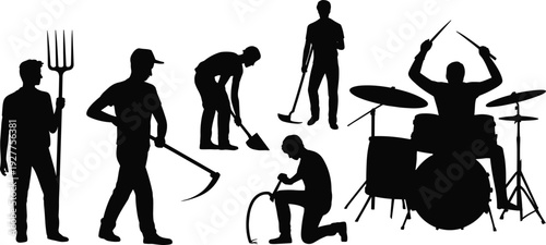 Farmer and Musician Silhouette Set with Agricultural Workers Using Tools and Drummer Performing, Rural Farming and Entertainment Concept Isolated Vector Illustration Collection