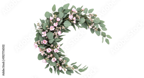Isolated elegant floral arc arrangement with light pink blooms and green eucalyptus leaves