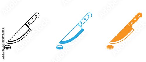 Three distinct types of chef's knives displayed in a simple line illustration isolated on transparent background, Vector