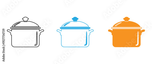 Three stylized pots with different colors and lid designs displayed side by side isolated on transparent background, Vector