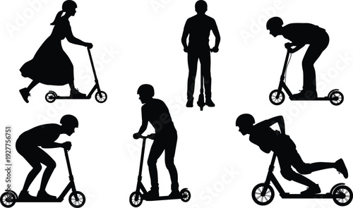 Kids and Adults Riding Kick Scooters Silhouette Set Urban Outdoor Activity Vector Illustration Collection Isolated on White Background Active Lifestyle Concept