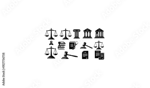 Justice Scales and Gavel Icons – Black Legal Symbol Vector Set