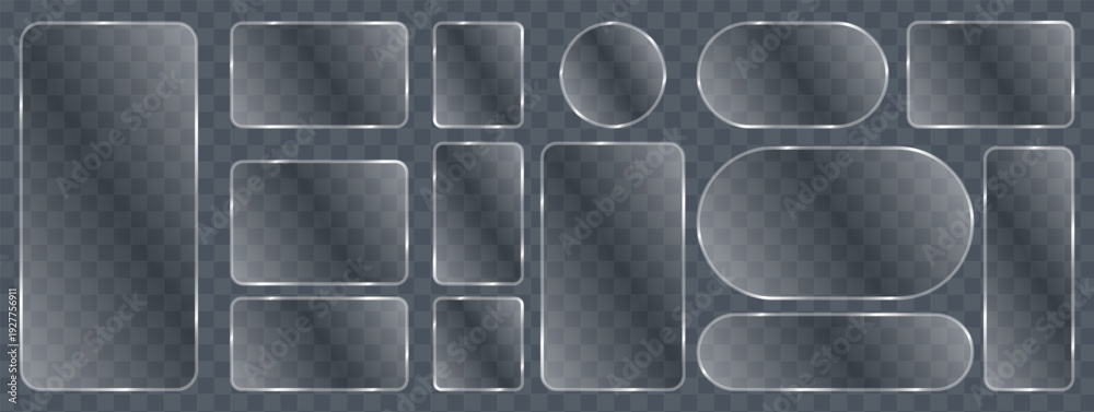 Fototapeta premium Liquid glass button interface, light frame banner set, tech glow light glass banner PNG, futuristic panels mobile app, web vector frames.