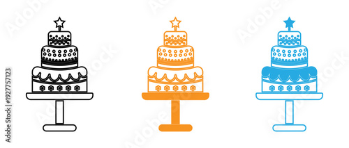 Three stylishly designed celebration cakes with different color schemes and tiers isolated on transparent background, Vector