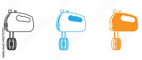 Three stylized mixer appliances in different colors and designs isolated on transparent background, Vector