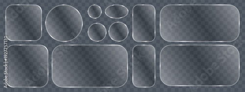 Liquid glass button interface, light frame banner set, mobile web light glass tech PNG, futuristic glow frame banners, board vector collection.