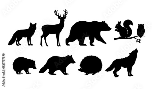 Wildlife Animal Silhouette Vector Set with Fox Deer Bear Wolf Owl and Forest Mammals