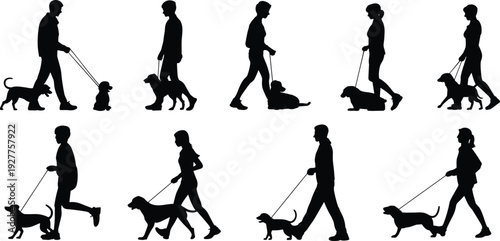 People Walking Dogs Silhouette Set with Men and Women Pet Owners Outdoor Activity Vector Illustration Collection Isolated on White Background