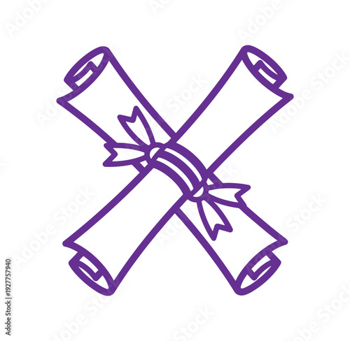 Purple illustration of two rolled up papers tied together with a ribbon