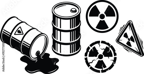 Vector line art close up leaking radioactive barrel spilling dark waste beside upright drum and cracked radiation symbols warning sign
