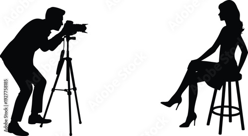 Photographer Taking Picture of Woman Model Silhouette Studio Photoshoot Vector Illustration Isolated on White Background Fashion Photography Concept
