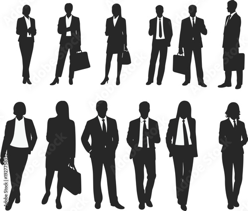 Array of Business Professionals Silhouettes in Two Rows on White Background Keywords: business, professionals, silhouettes, men
