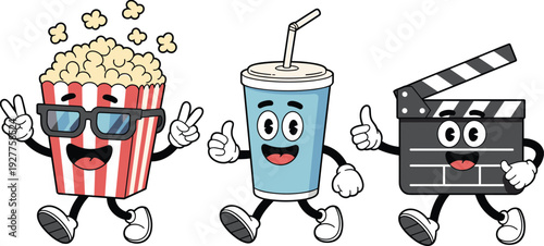 Animated popcorn drink and clapperboard characters with peace signs and thumbs up movie cinema