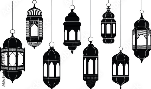 Assortment of Decorative Black Islamic Lanterns Hanging on White Background ramadan arabic