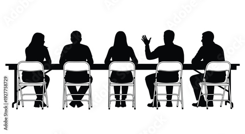 Black and White Silhouette Illustration of Five People Sitting at Long Table for Business Meeting, Discussion Group in Minimalist Style, White Background