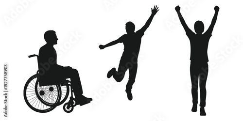 Black Silhouettes of a Person in a Wheelchair and Two Jumping People Keywords: wheelchair, person, jumping, silhouette, black and