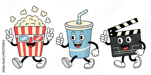 Cartoon movie characters popcorn drink and clapperboard with 3D glasses cinema soda