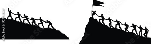 Teamwork Silhouette of Business People Climbing Mountain and Reaching Flag on Peak Leadership Success Concept Vector Illustration Isolated on White Background