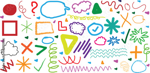 A colorful and vibrant digital illustration featuring a diverse array of abstract shapes and symbols in various colors and styles