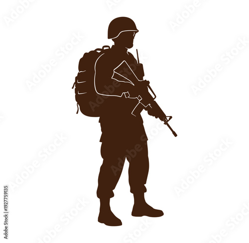 Soldier in full gear with rifle and backpack standing ready for action