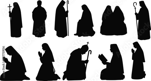 Collection of Black Silhouettes of Religious Figures in Various Poses on White Keywords: religion, religious, figures