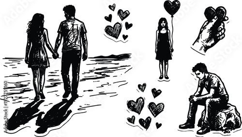 Hand drawn ink sketch couple holding hands on beach with hearts and solitary man sitting on rock balloon heart shadow