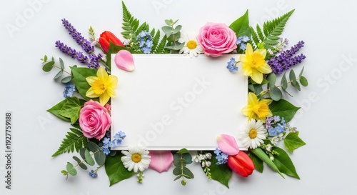Vibrant floral arrangement surrounding blank white card for personal messages
