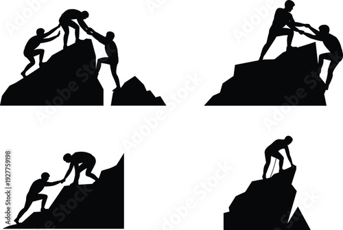 Teamwork Silhouette Set of People Helping Each Other Climb Mountain Peak Success Leadership Support Concept Vector Illustration Isolated on White Background