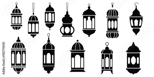 Collection of Islamic Lantern Silhouettes on White Background Keywords: lantern, Islamic, Ramadan, Eid, Arabic, tradition