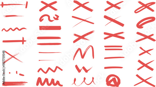 Collection of red hand-drawn brush stroke marks and symbols on white strokes