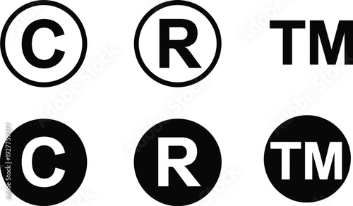 Copyright Trademark and Registered Symbol Icons in Black and White Circles vector illustration