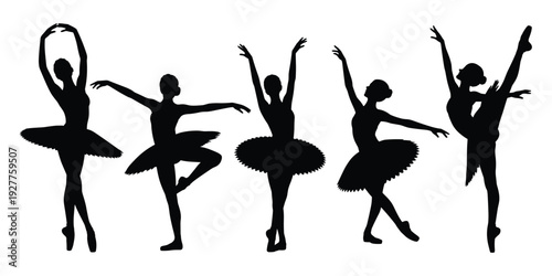 Five Black Silhouettes of Ballerinas in Various Poses on White Background Keywords: ballerina, ballet, dancer, silhouette
