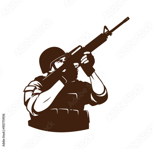 Soldier in helmet and vest aiming rifle to the right side isolated on transparent background