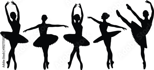 Five Black Silhouettes of Ballerinas in Various Poses on White Background Keywords: ballerina, ballet, dancer, silhouette