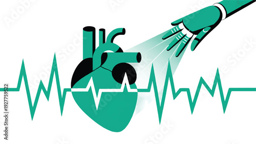 Future of cardiology AI robot hand interacting with a human heart and ECG, symbolizing advanced medical technology and digital healthcare innovation