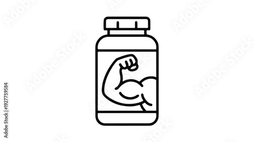 Vector icon depicting a protein powder container with a bicep muscle graphic, representing workout nutrition, fitness goals, and athletic performance