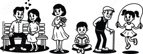 Line art group portrait showing couple on bench woman holding bouquet boy reading grandfather with cane girl jumping rope outdoors