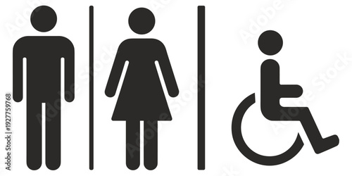 Male Female and Disabled Person Restroom Signs On White Background Keywords: male restroom sign, female restroom sign, disabled
